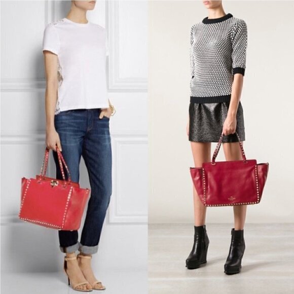 Valentino Rockstud Medium Trapeze Tote Red Leather Studded Luxury Designer - Picture 2 of 7